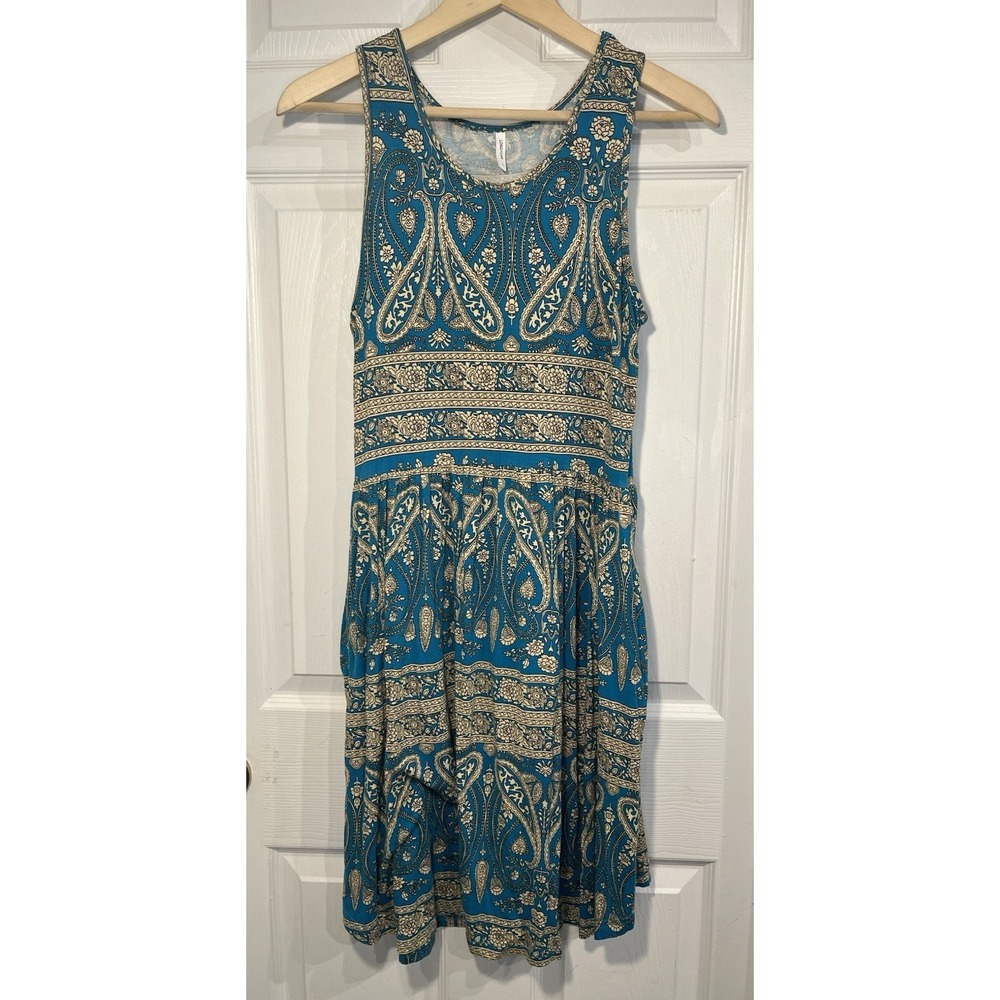 Longyuan Womens Large Blue Paisley Sleeveless Swing Dress Stretch Boho Pockets